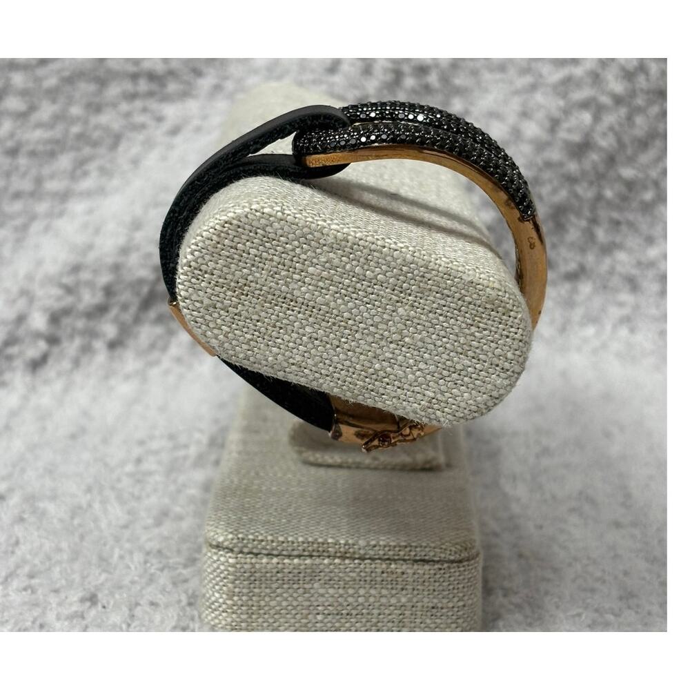 Milor Rose Gold Tone Bronze Black Leather Crystal Bracelet 8" #70240 - Picture 3 of 6